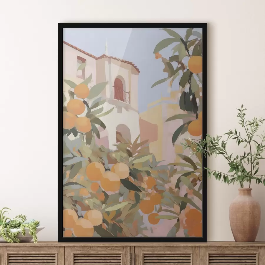 Papier peint photo Des oranges sur une branche devant la maison f46060