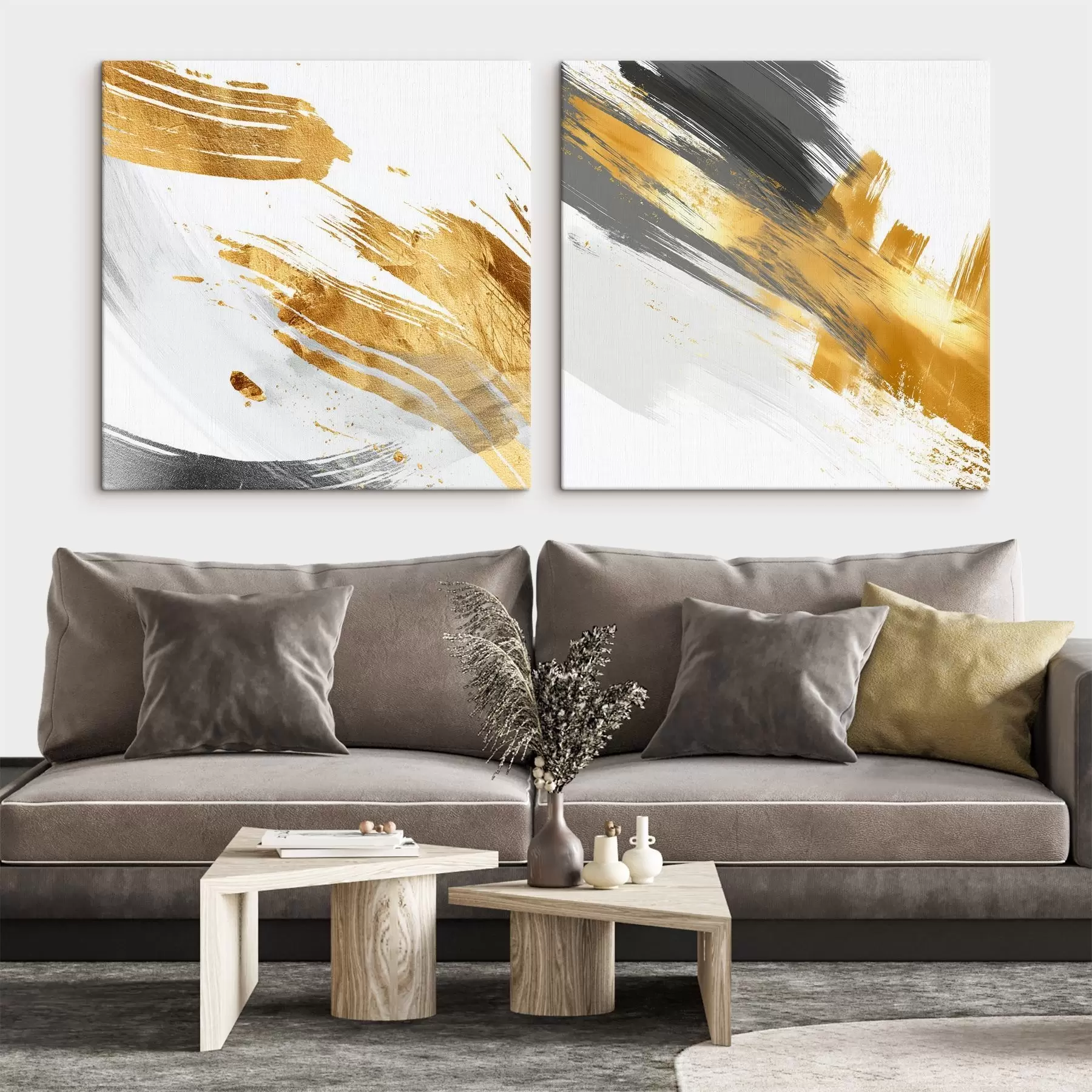  Peintures Abstraction dynamique avec des traits jaunes et gris m00748