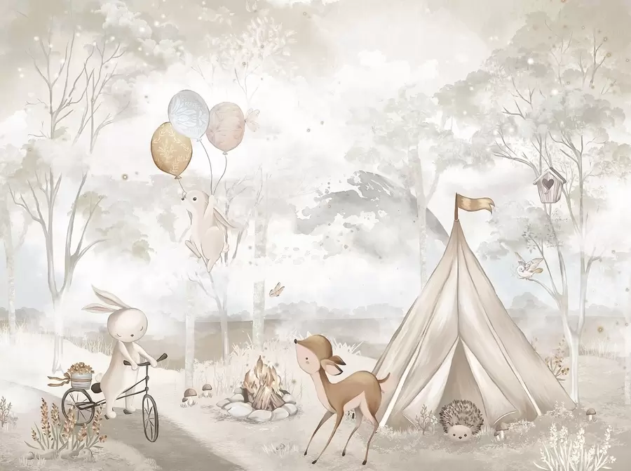 Papier peint photo Camp pour enfants dans des tons beiges chauds, tente et animaux de la forêt w04671