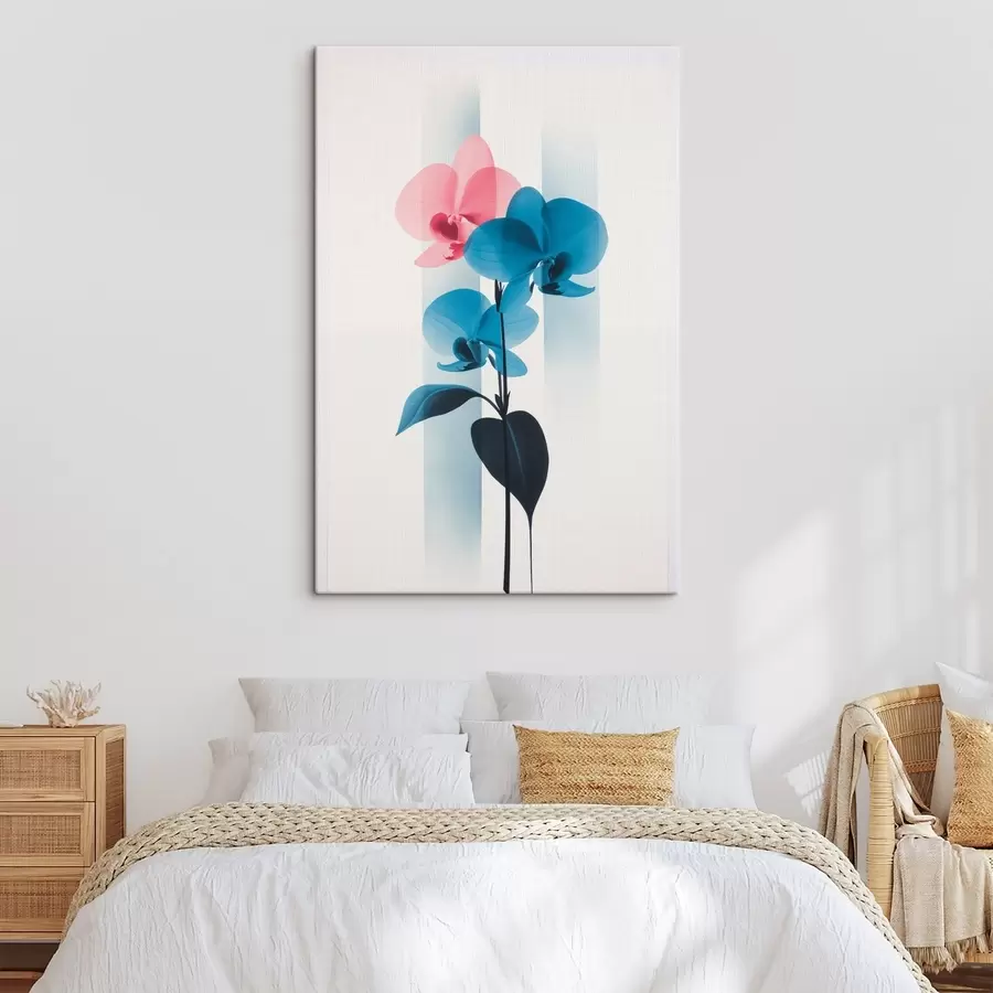  Peintures Orchidées avec feuilles sur fond blanc rayé verticalement s45925