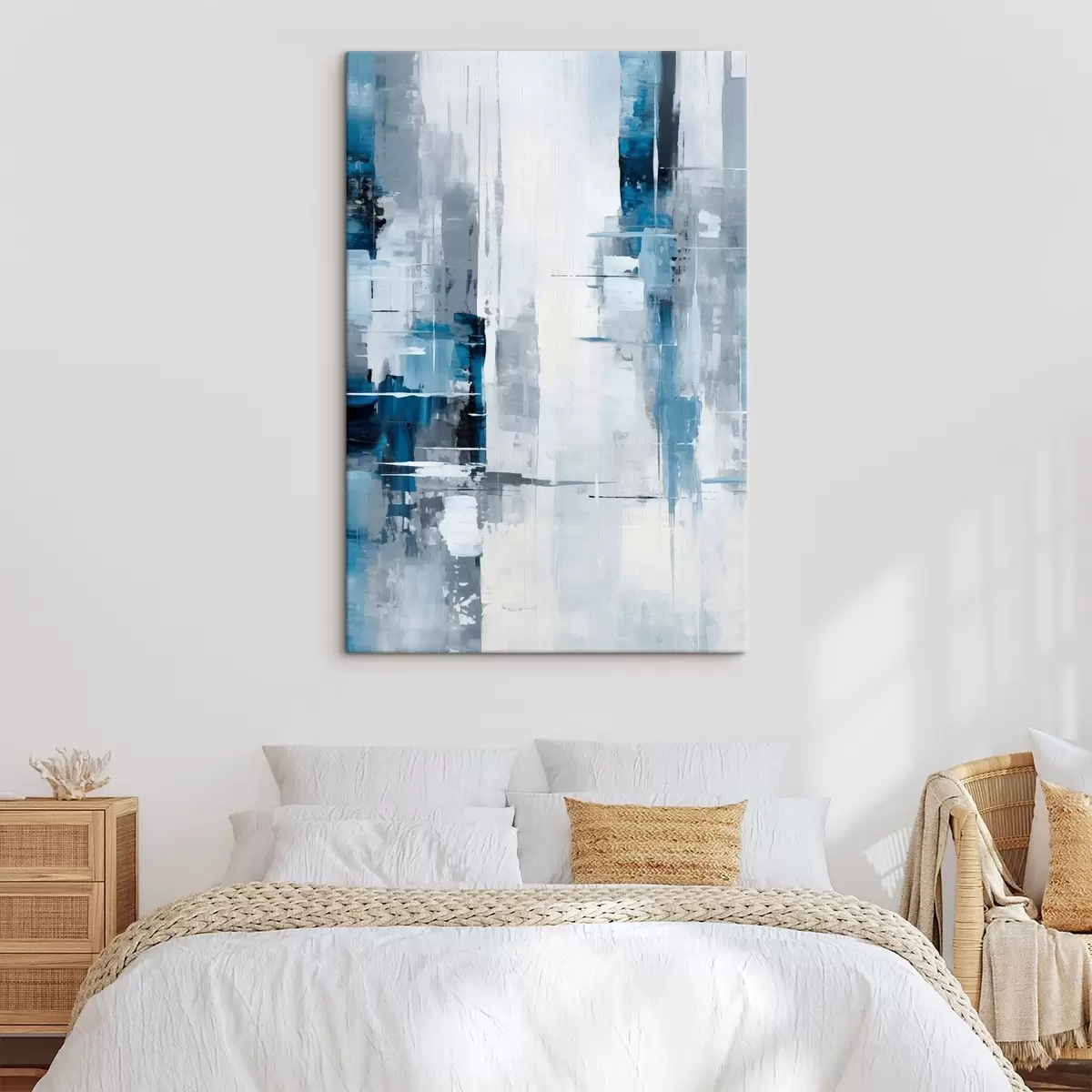  Peintures Imitation de peinture abstraite avec des couleurs bleues, grises et blanches, des lignes verticales et des formes géométriques s45926