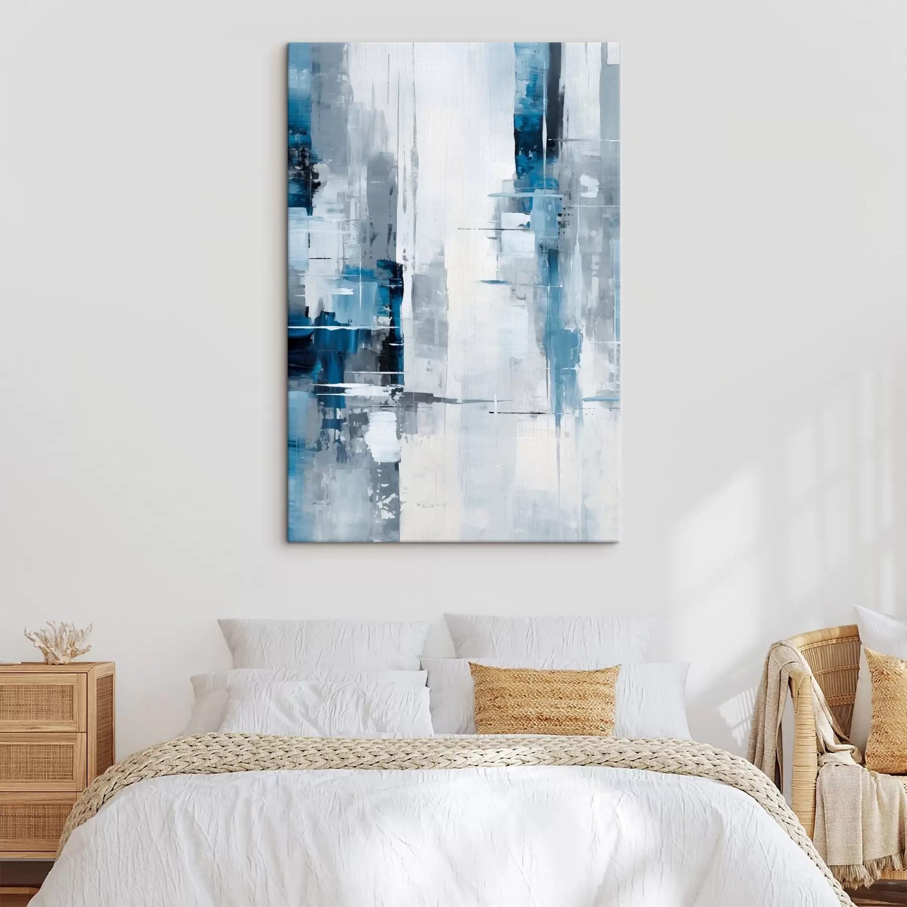  Peintures Imitation de peinture abstraite avec des couleurs bleues, grises et blanches, des lignes verticales et des formes géométriques s45926