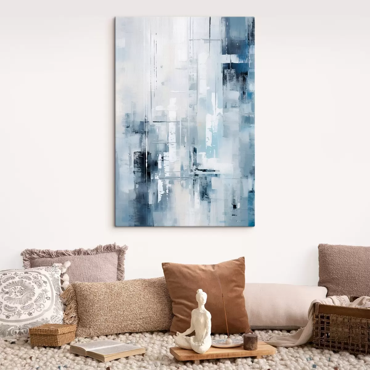  Peintures Imitation de peinture abstraite avec des couleurs bleues, grises et blanches, des lignes verticales et des formes géométriques s45927