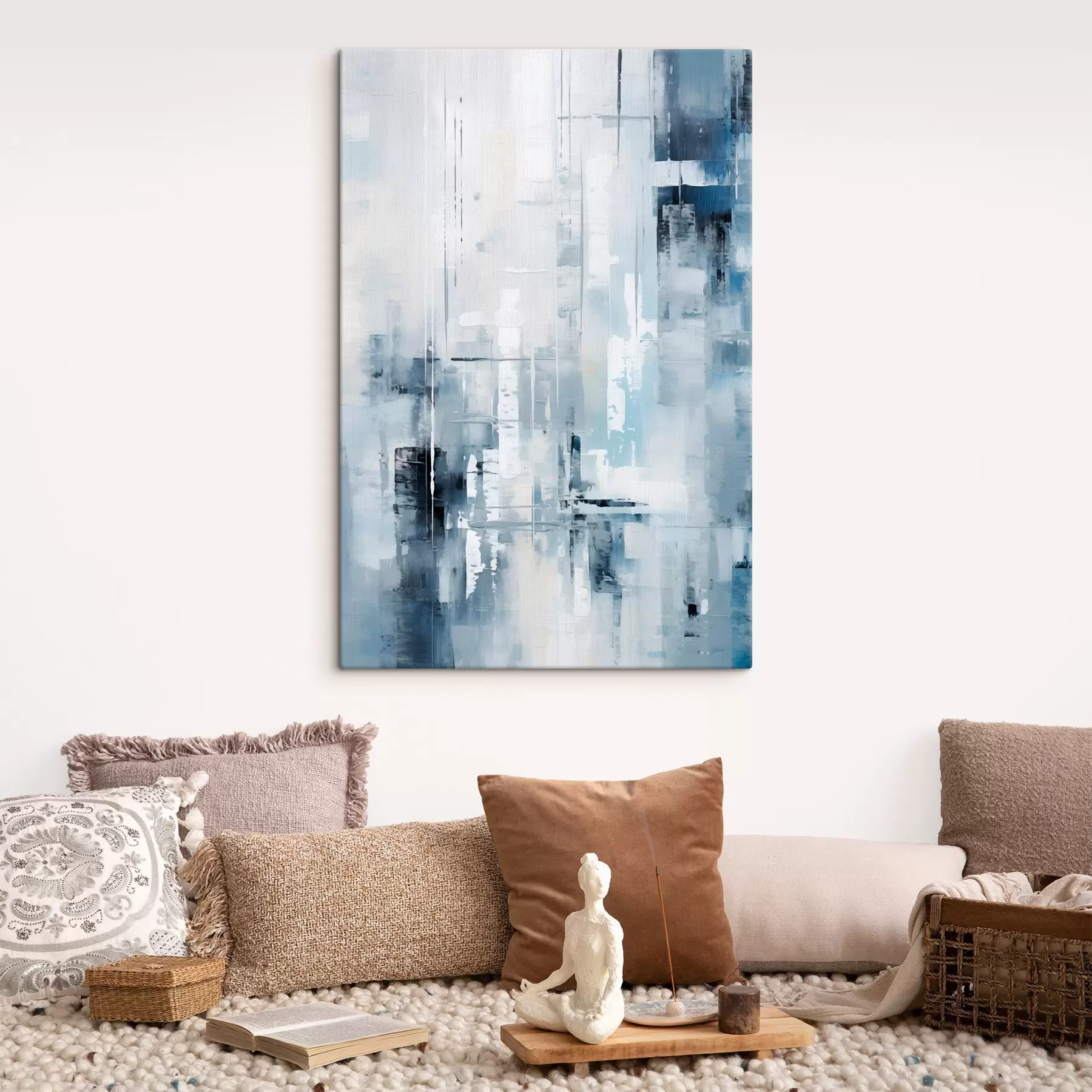  Peintures Imitation de peinture abstraite avec des couleurs bleues, grises et blanches, des lignes verticales et des formes géométriques s45927