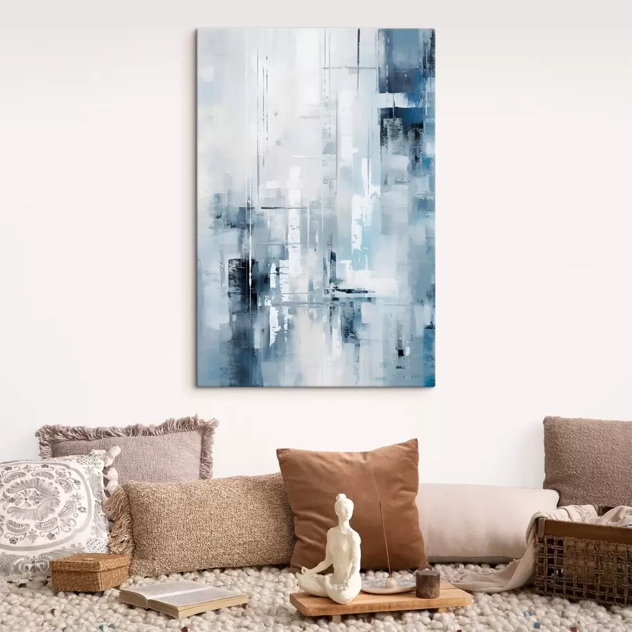  Schilderijen Abstracte schilderijimitatie met blauwe, grijze en witte kleuren, verticale lijnen en geometrische vormen s45927