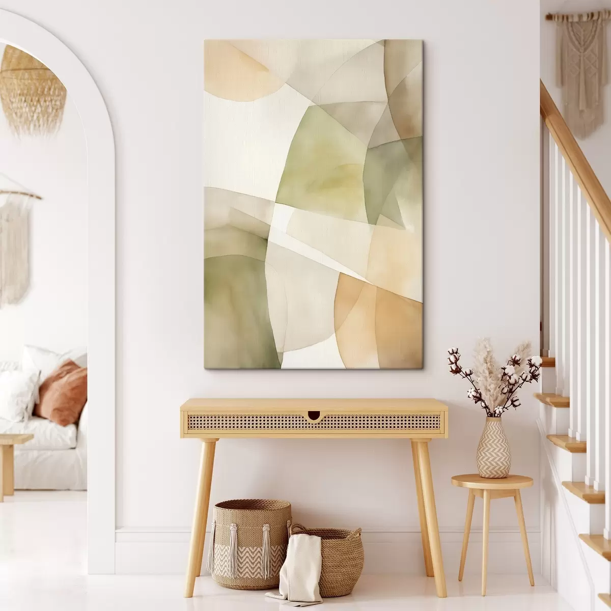  Schilderijen Abstracte geometrische vormen met waterverftextuur in tinten groen, bruin en beige s45928