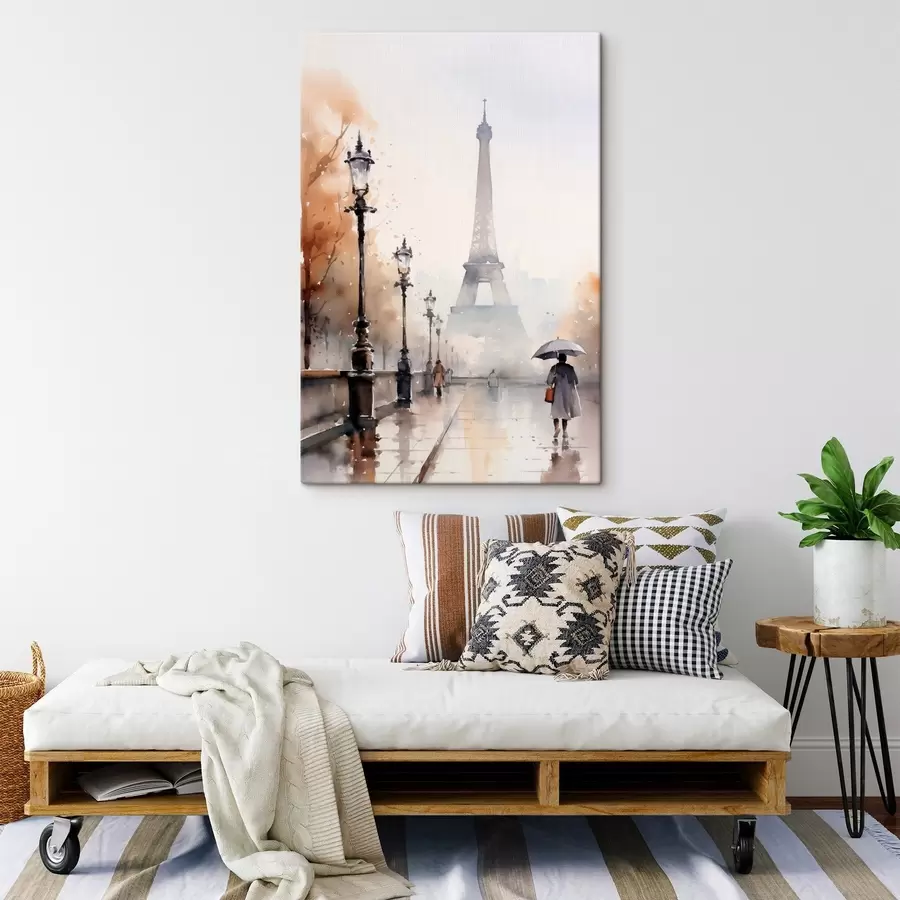  Peintures Une journée pluvieuse à Paris avec la tour Eiffel en arrière-plan et des lampadaires vintage s45930