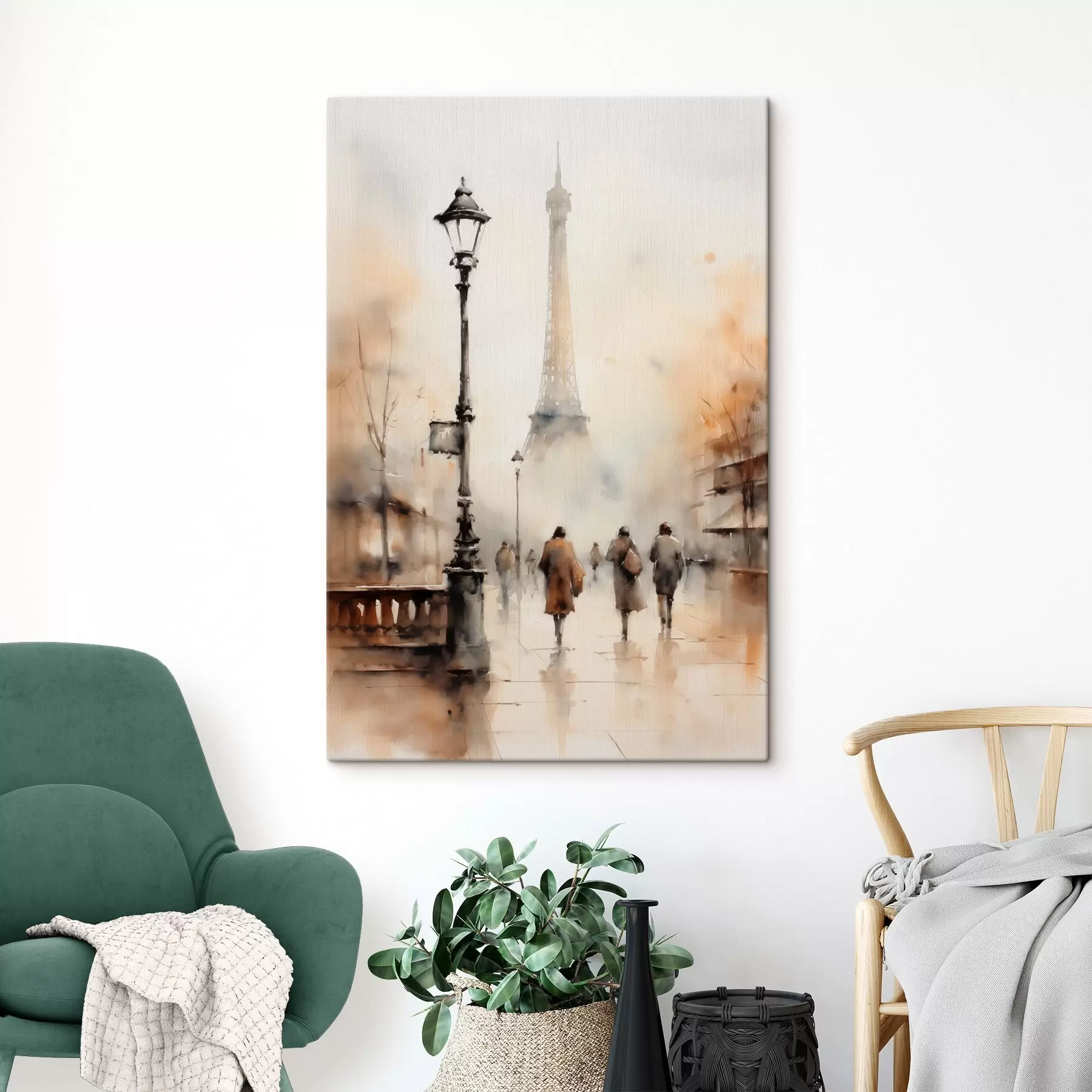  Peintures Une journée pluvieuse d'automne à Paris avec la Tour Eiffel en arrière-plan et des lampadaires vintage s45931