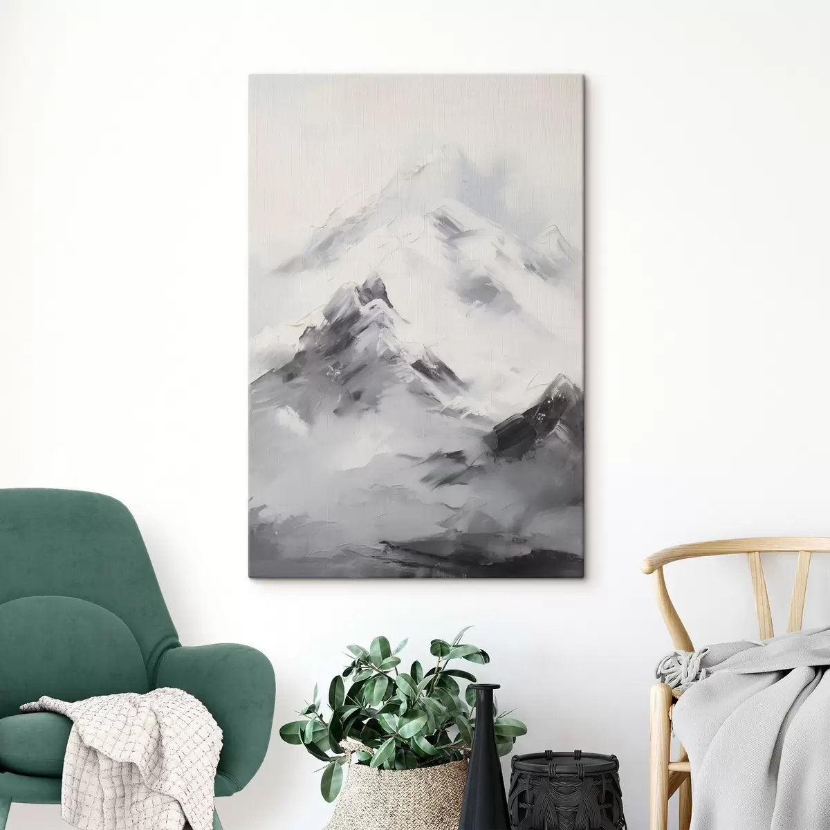  Peintures Sommets enneigés avec des ombres grises, ciel gris, coups de pinceau, texturé, minimaliste s45933