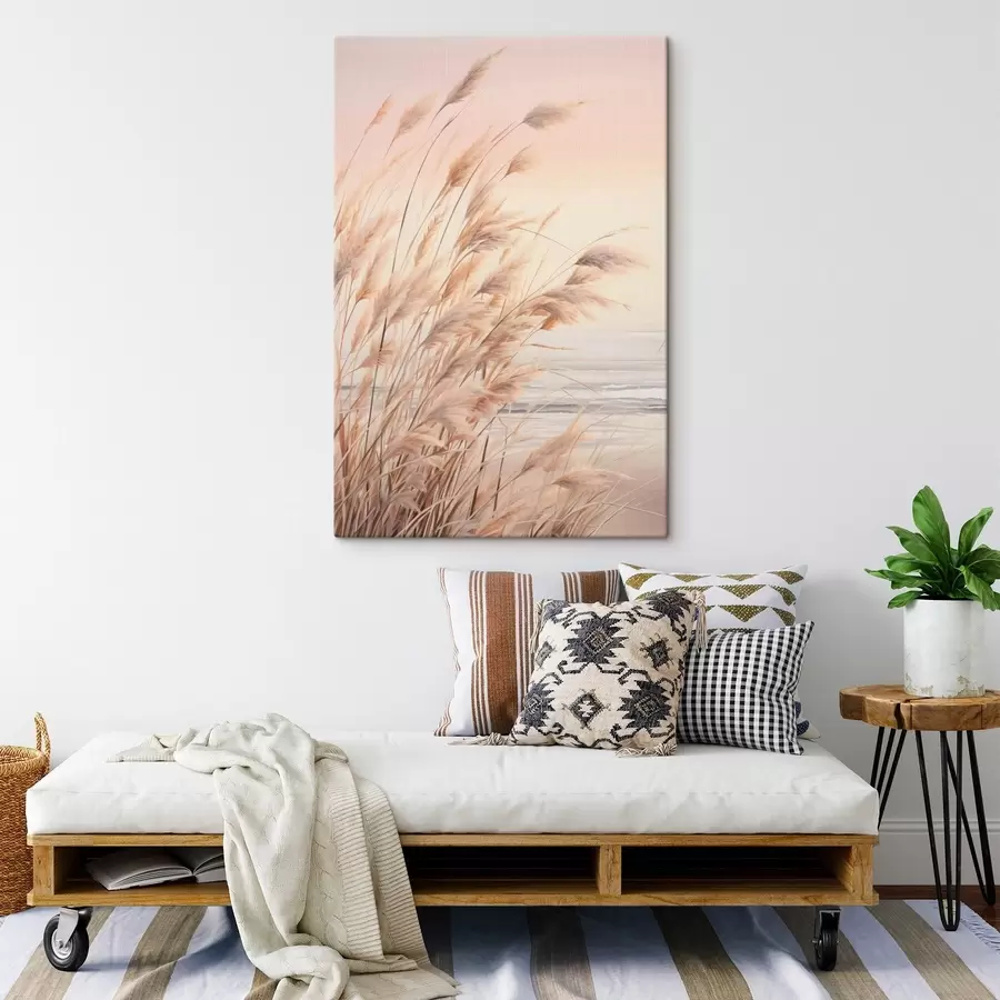  Peintures Herbe de la pampa avec une palette de couleurs orange pastel, un ciel rose pâle, un paysage paisible s45934