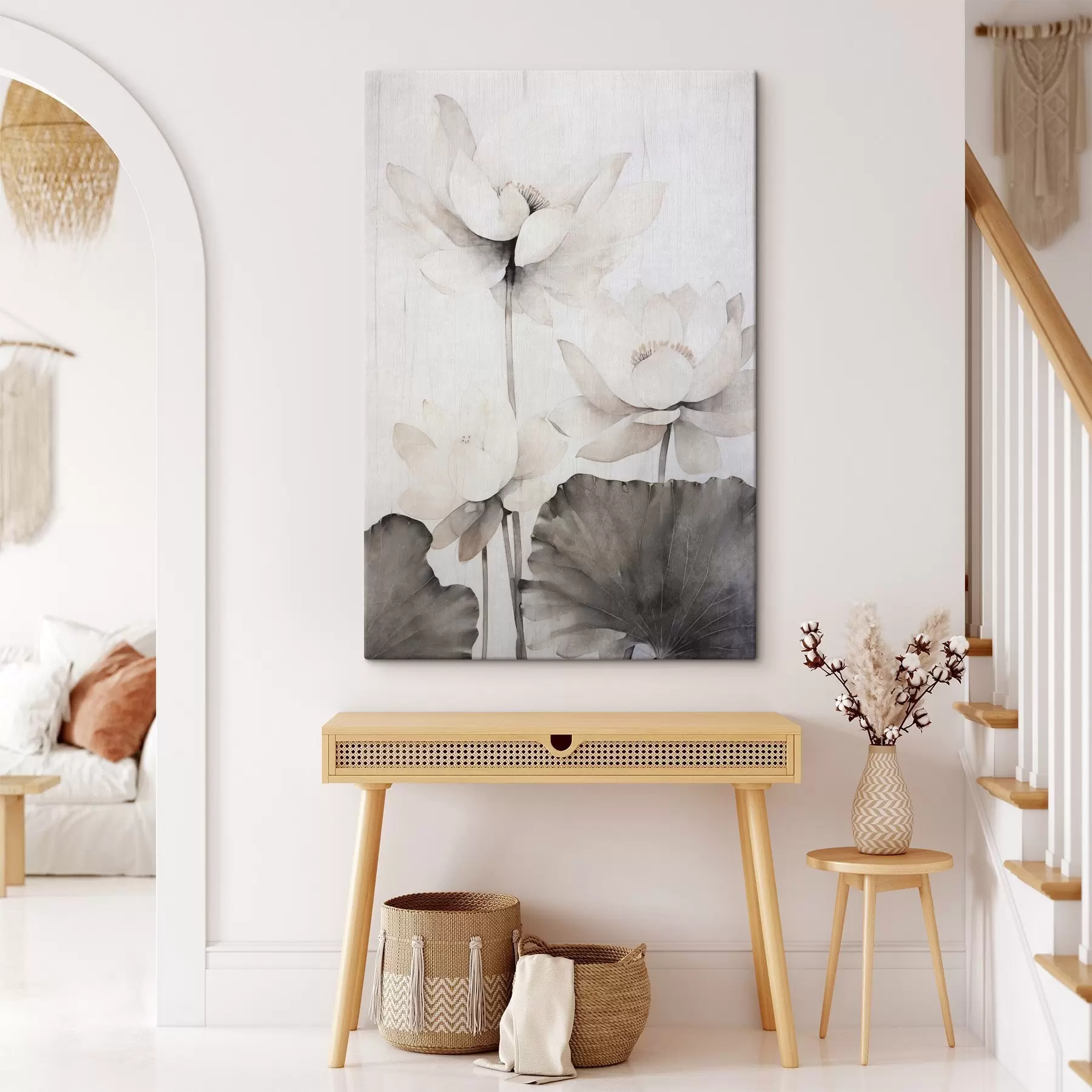  Peintures Fleurs de lotus blanches texturées avec des feuilles foncées, fond clair, design minimaliste s45936