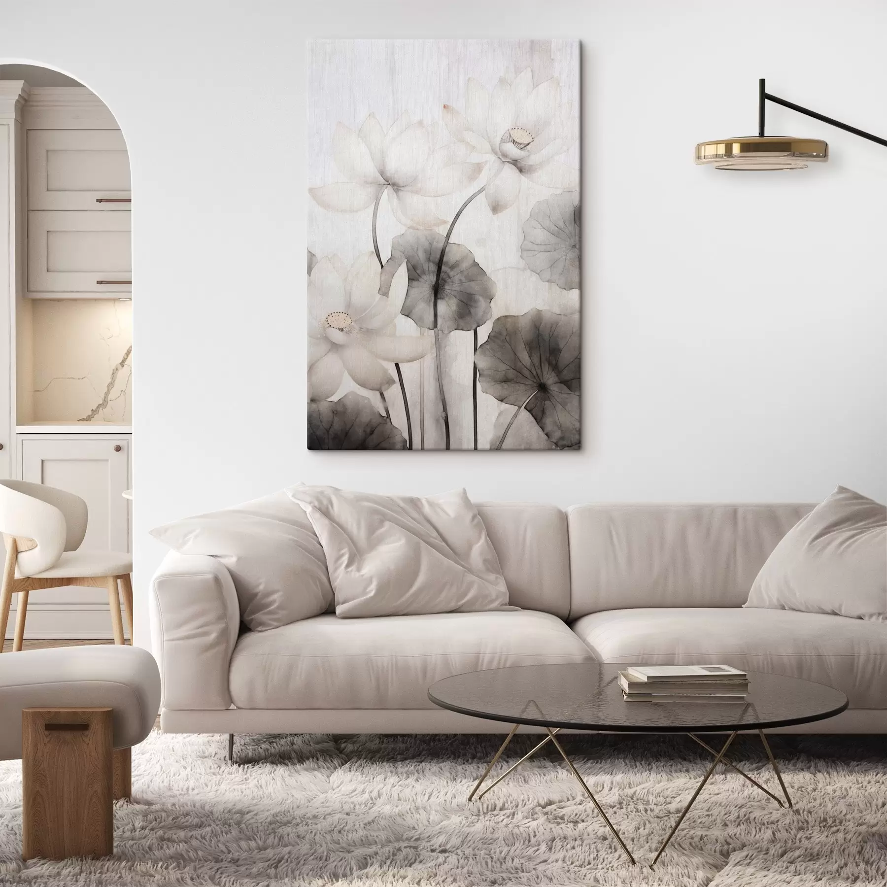  Peintures Fleurs de lotus blanches texturées avec des feuilles foncées, fond clair, design minimaliste s45937