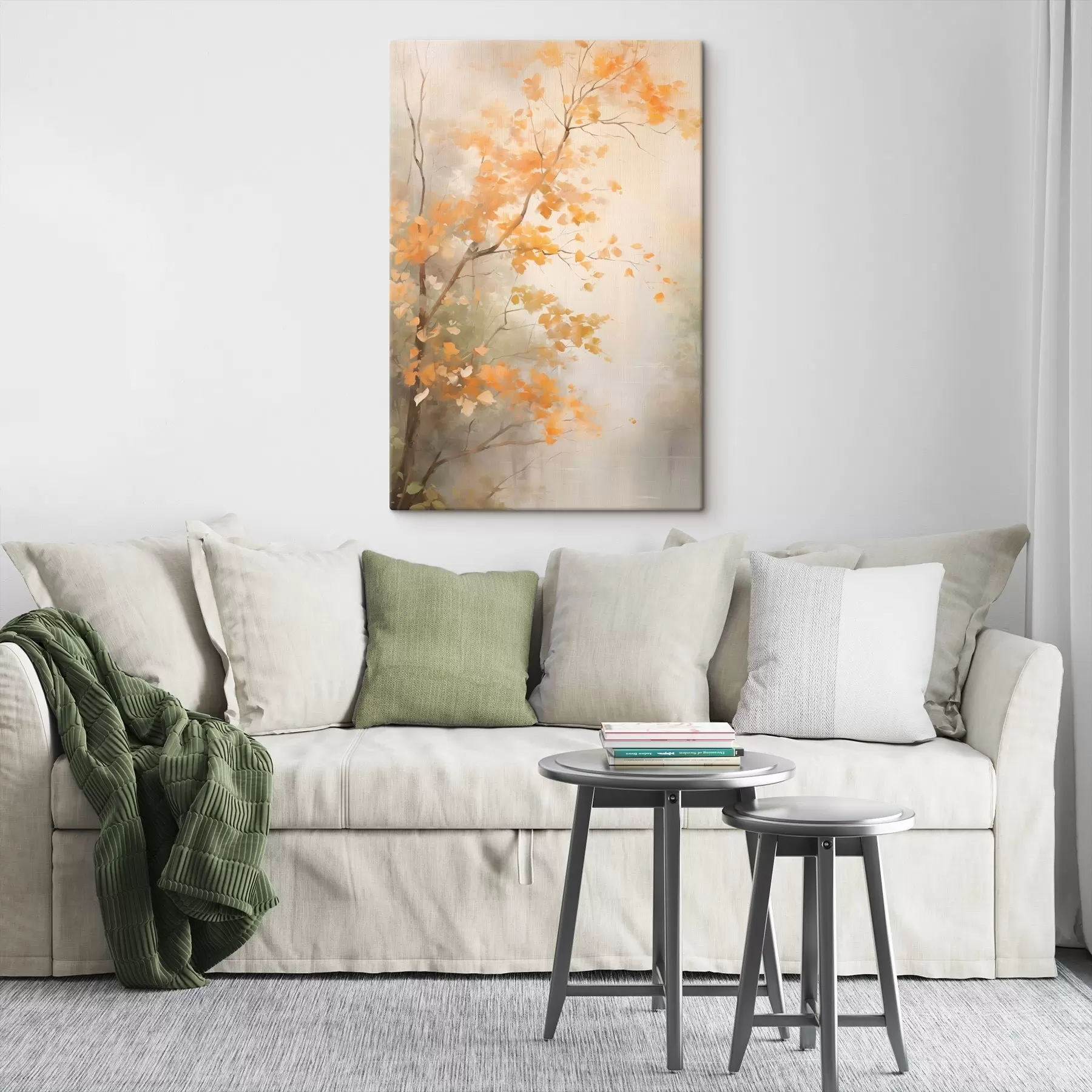  Peintures Branches d'arbres automnales aux feuilles orange dans une forêt baignée d'une lumière douce s45940