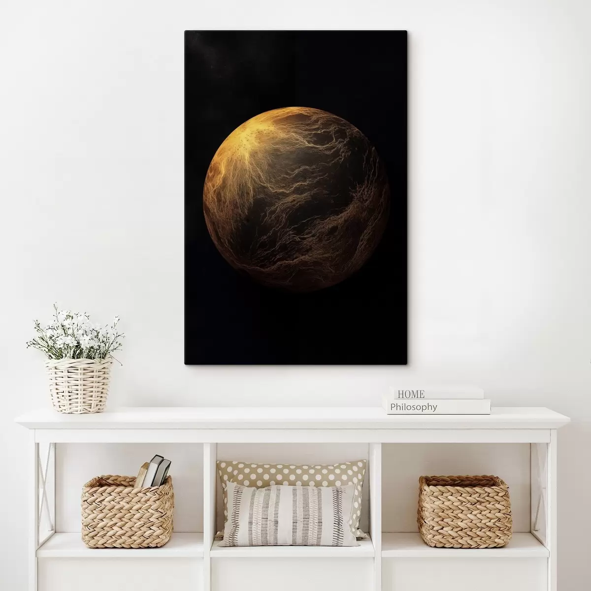  Schilderijen Abstracte planeet met oranje aderen tegen een zwarte ruimteachtergrond, moderne minimalistische kunst s45943