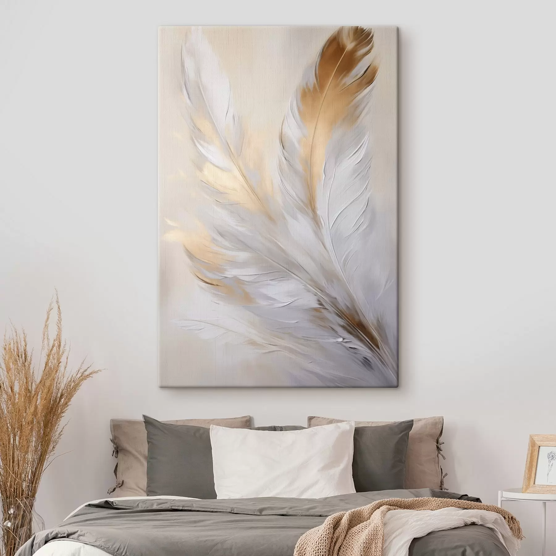  Peintures Plumes rehaussées de touches orange, éclairage tamisé, composition minimaliste texturée, art moderne s45944