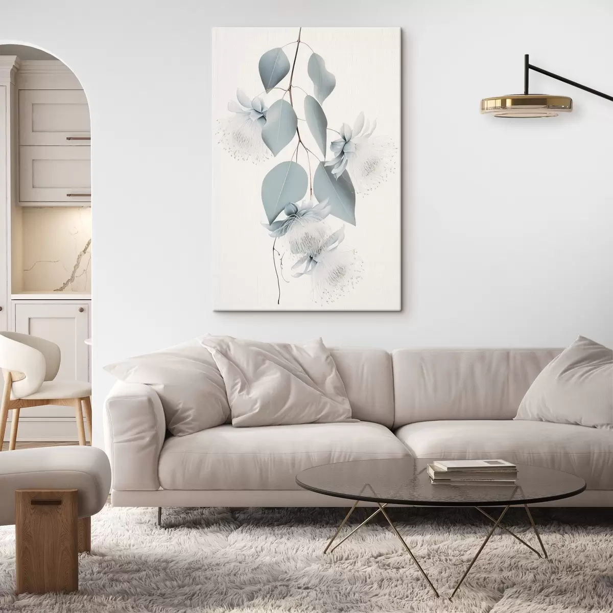  Schilderijen Eucalyptustak met blauwe bladeren en witte bloemen, lichte achtergrond s45947