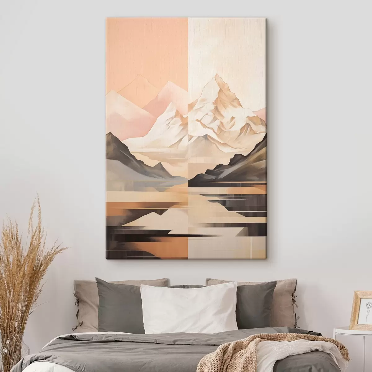  Peintures Paysage abstrait avec des montagnes et un lac, couleurs pastel, style minimaliste s45948