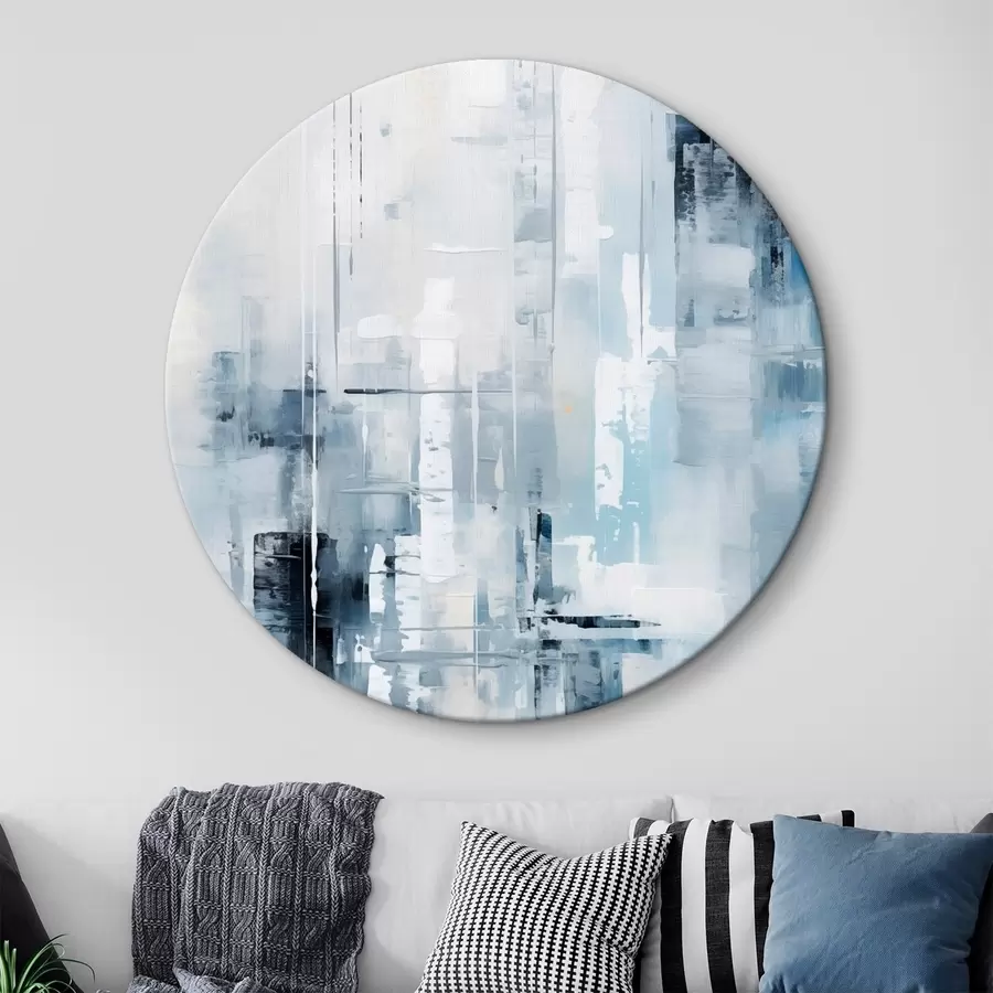  Schilderijen Abstracte schilderijimitatie met blauwe, grijze en witte kleuren, verticale lijnen en geometrische vormen r45927