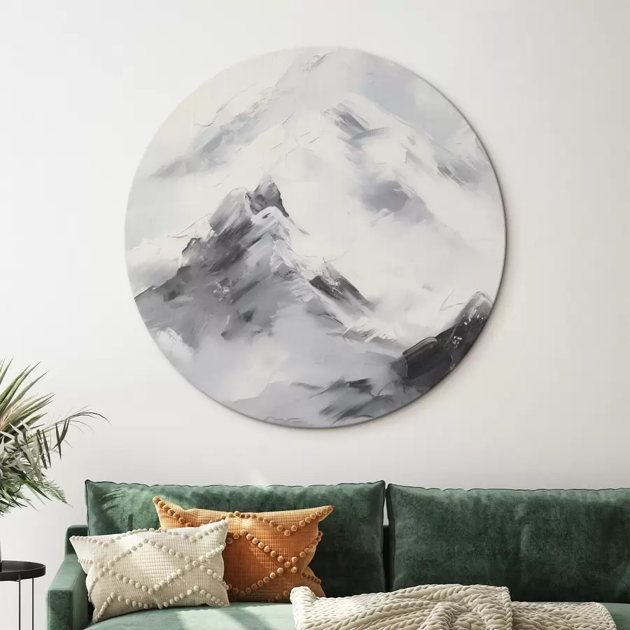  Schilderijen Besneeuwde bergtoppen met grijze schaduwen, grijze lucht, penseelstreken, gestructureerd, minimalistisch r45933