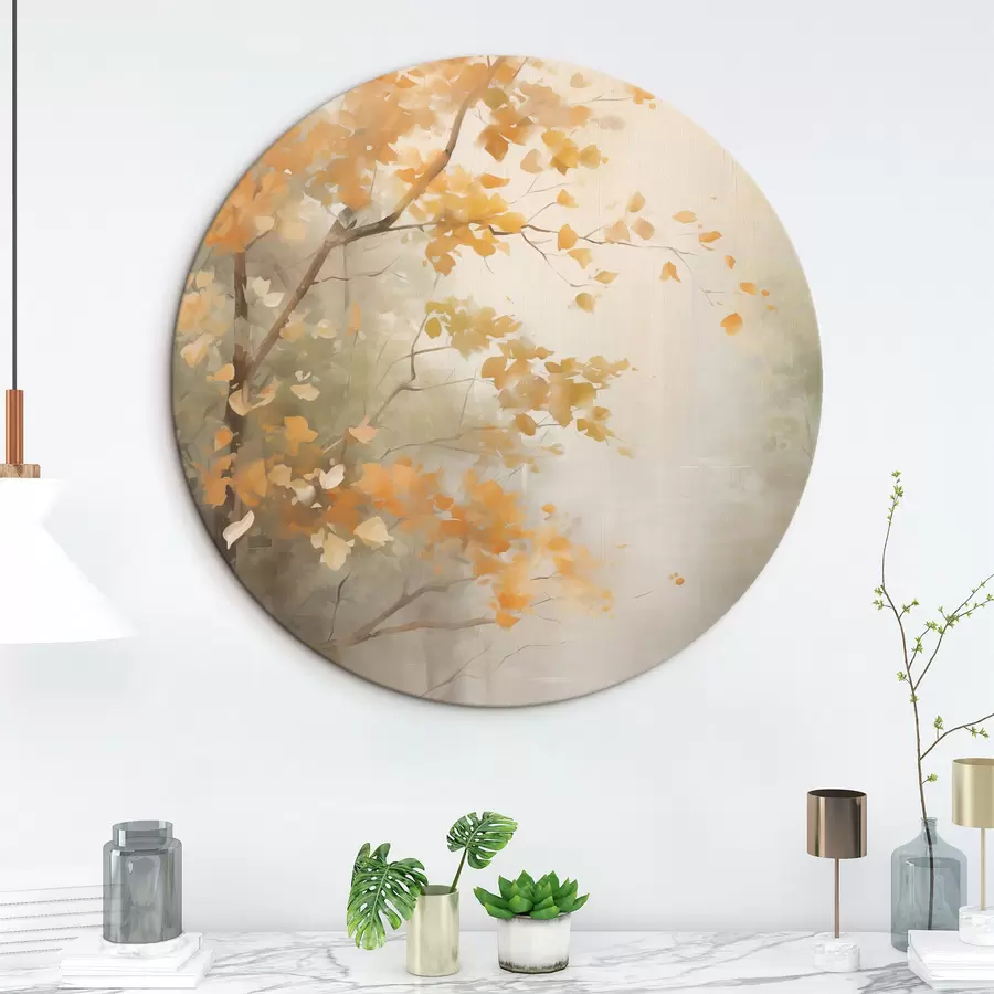  Peintures Branches d'arbres automnales aux feuilles orange dans une forêt baignée d'une lumière douce r45940