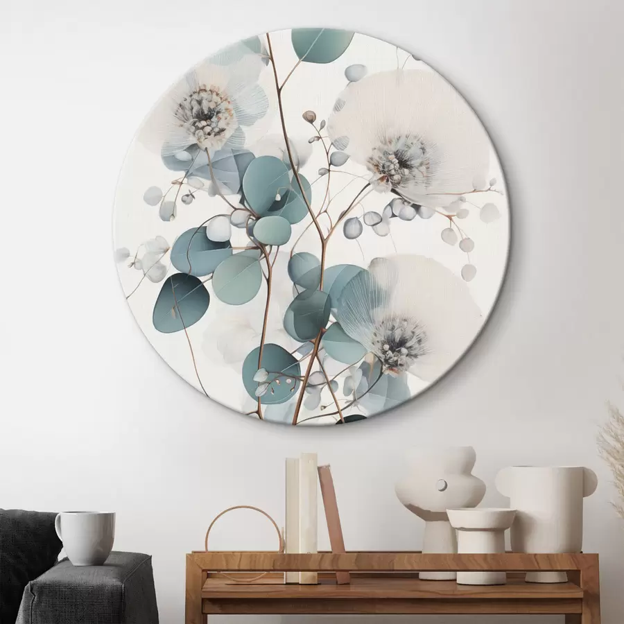  Peintures Fleurs abstraites d'eucalyptus aux pétales blancs, feuilles vert pâle sur les branches r45946