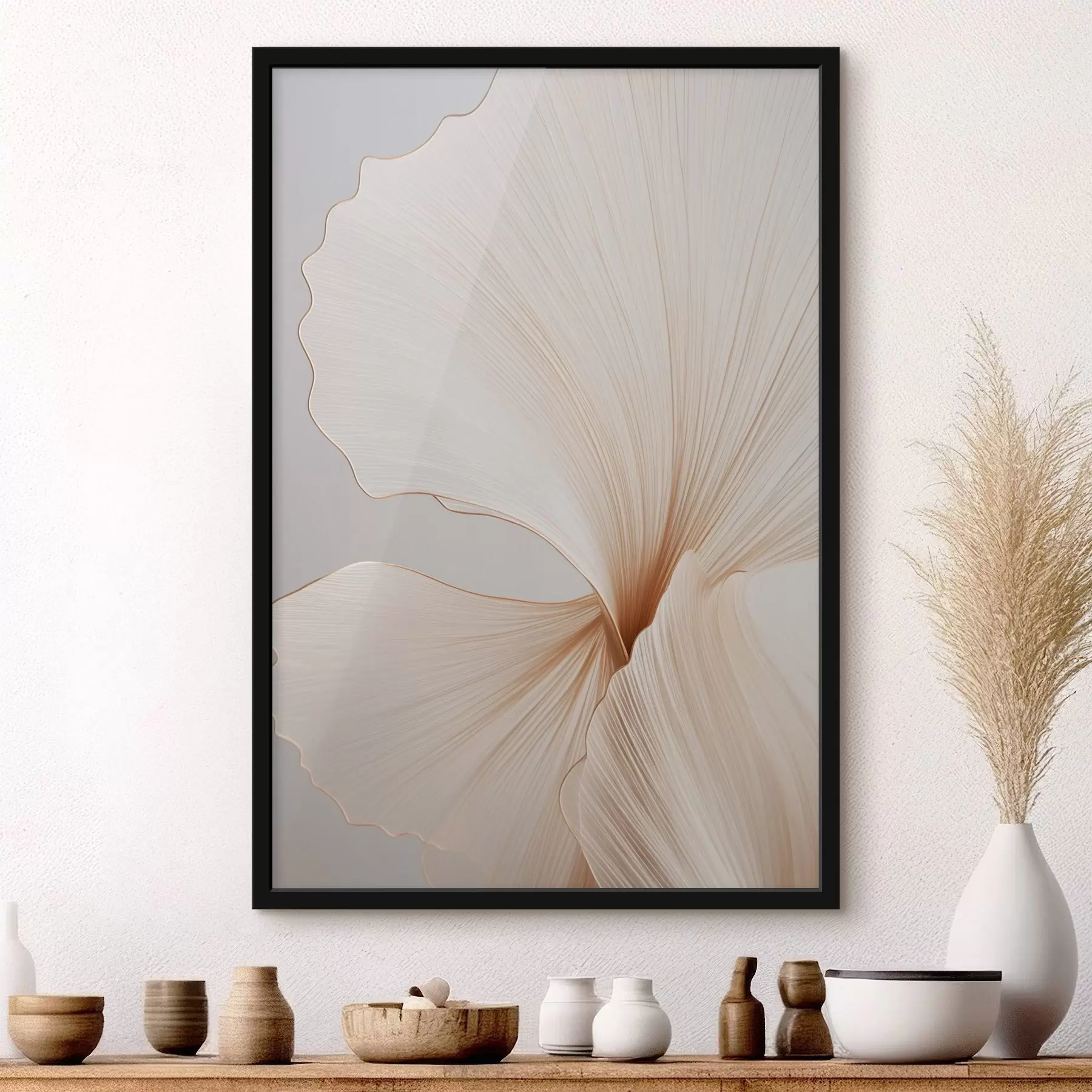 Fotobehang Abstracte bloemen met dunne, delicate bloemblaadjes in witte en beige tinten f45923