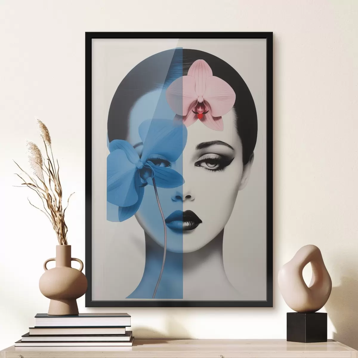 Poster Abstract kunstportret van een vrouw met orchideeën f45924