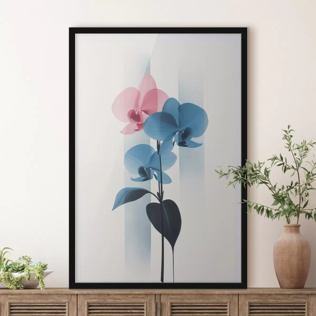 Affiche Orchidées avec feuilles sur fond blanc rayé verticalement f45925