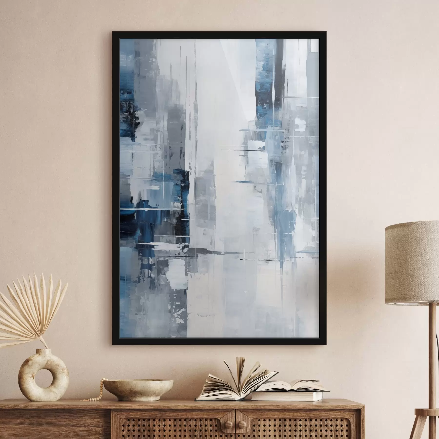 Fotobehang Abstracte schilderijimitatie met blauwe, grijze en witte kleuren, verticale lijnen en geometrische vormen f45926