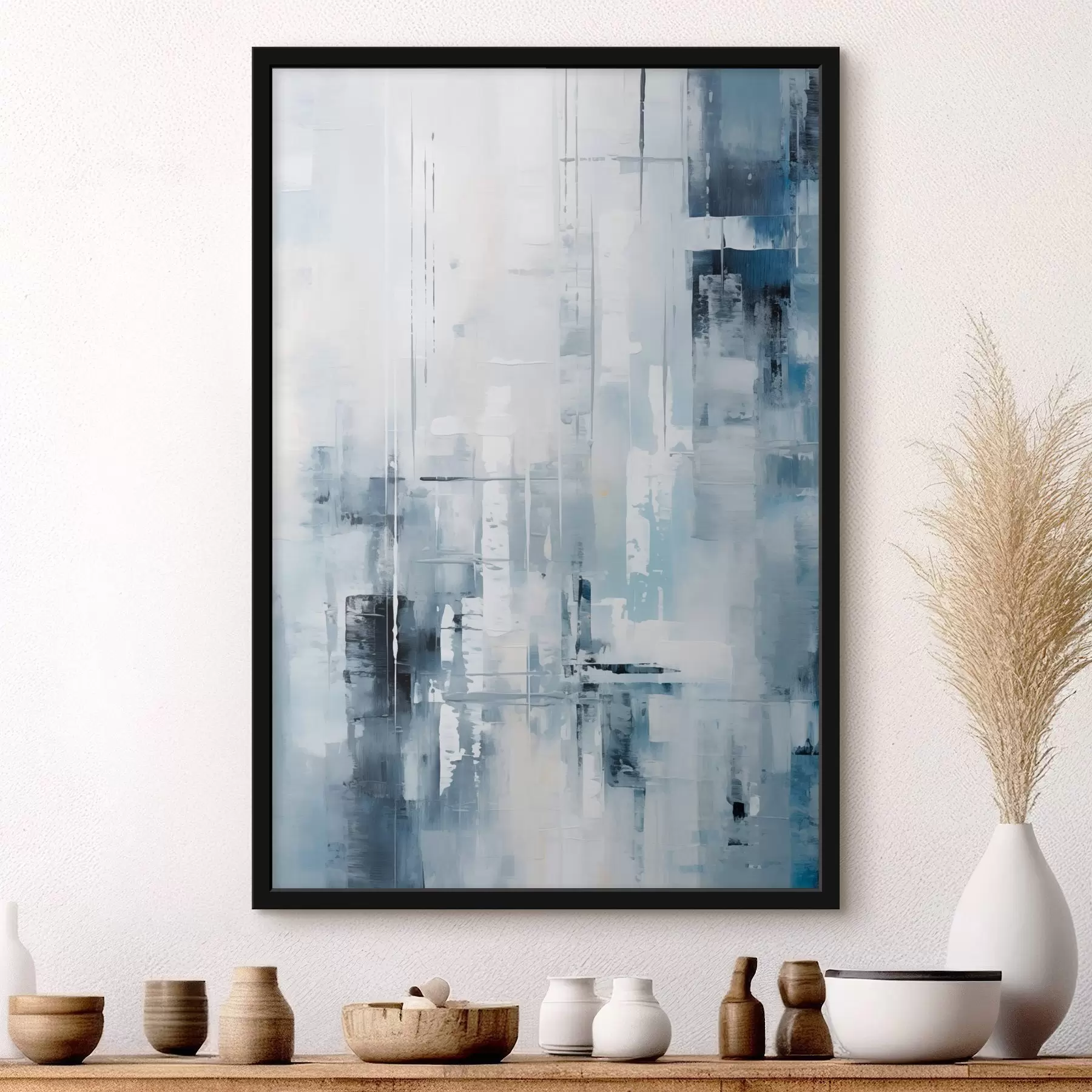 Fotobehang Abstracte schilderijimitatie met blauwe, grijze en witte kleuren, verticale lijnen en geometrische vormen f45927