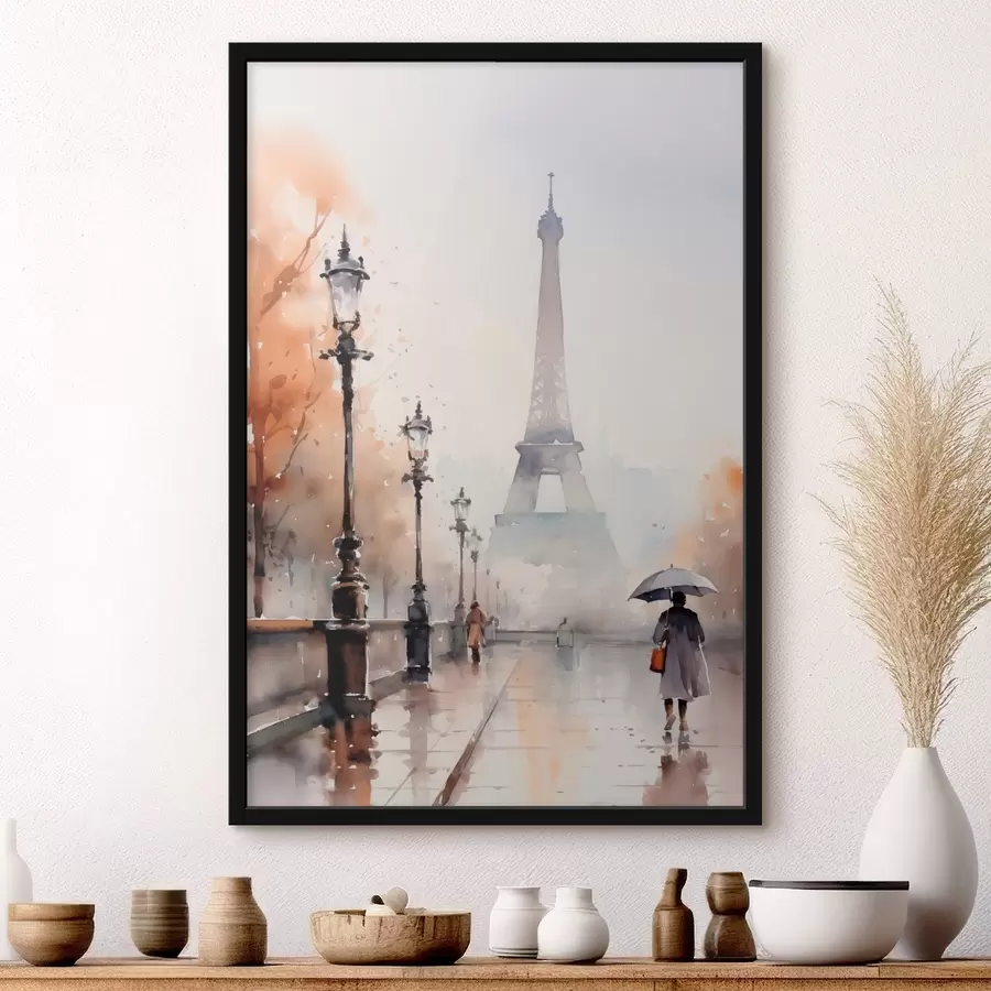 Papier peint photo Une journée pluvieuse à Paris avec la tour Eiffel en arrière-plan et des lampadaires vintage f45930