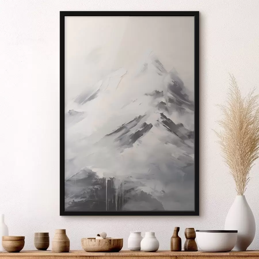 Fotobehang Besneeuwde bergtoppen met grijze schaduwen, grijze lucht, penseelstreken, gestructureerd, minimalistisch f45932