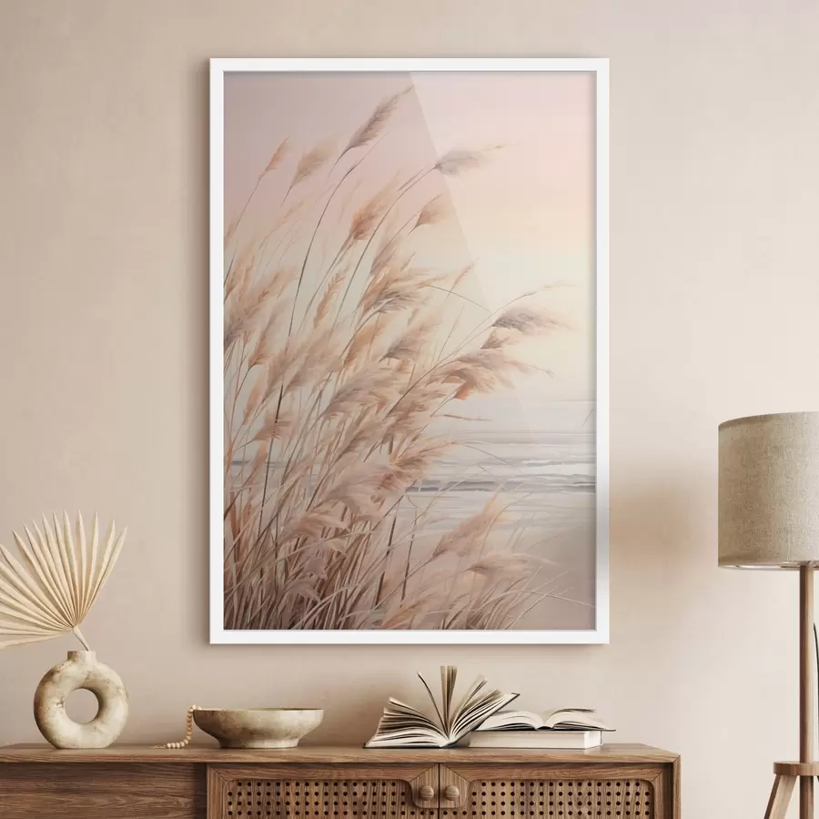 Papier peint photo Herbe de la pampa avec une palette de couleurs orange pastel, un ciel rose pâle, un paysage paisible f45934
