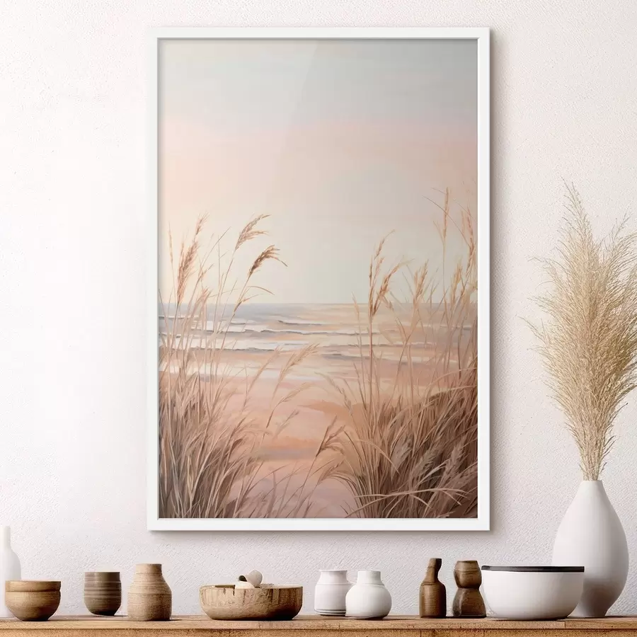 Papier peint photo Herbe de la pampa avec une palette de couleurs orange pastel, un ciel rose pâle, un paysage paisible f45935
