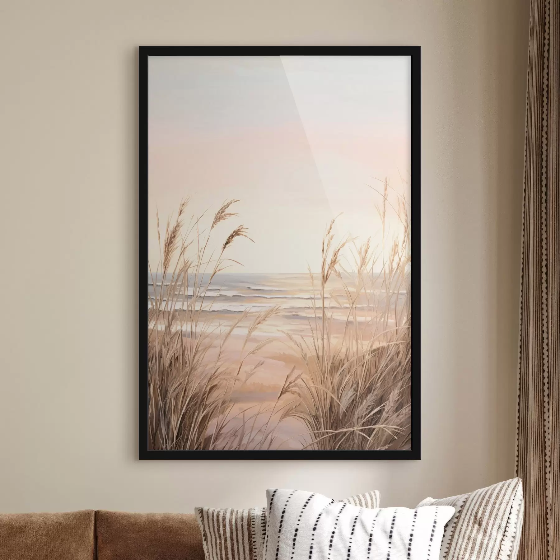  Peintures Herbe de la pampa avec une palette de couleurs orange pastel, un ciel rose pâle, un paysage paisible f45935