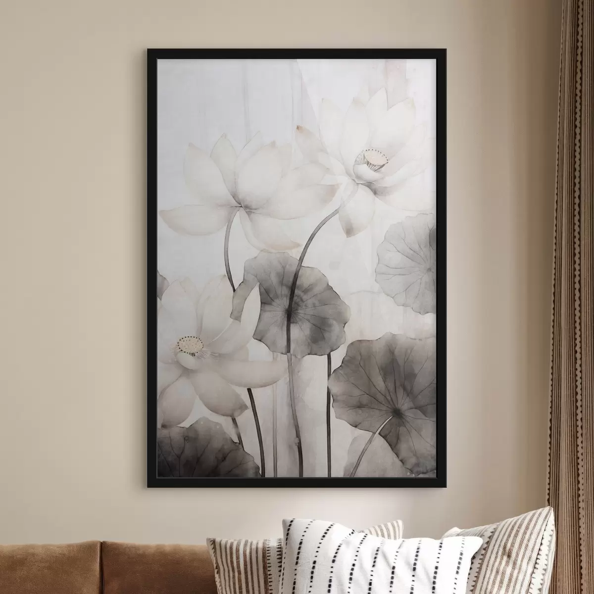 Affiche Fleurs de lotus blanches texturées avec des feuilles foncées, fond clair, design minimaliste f45937