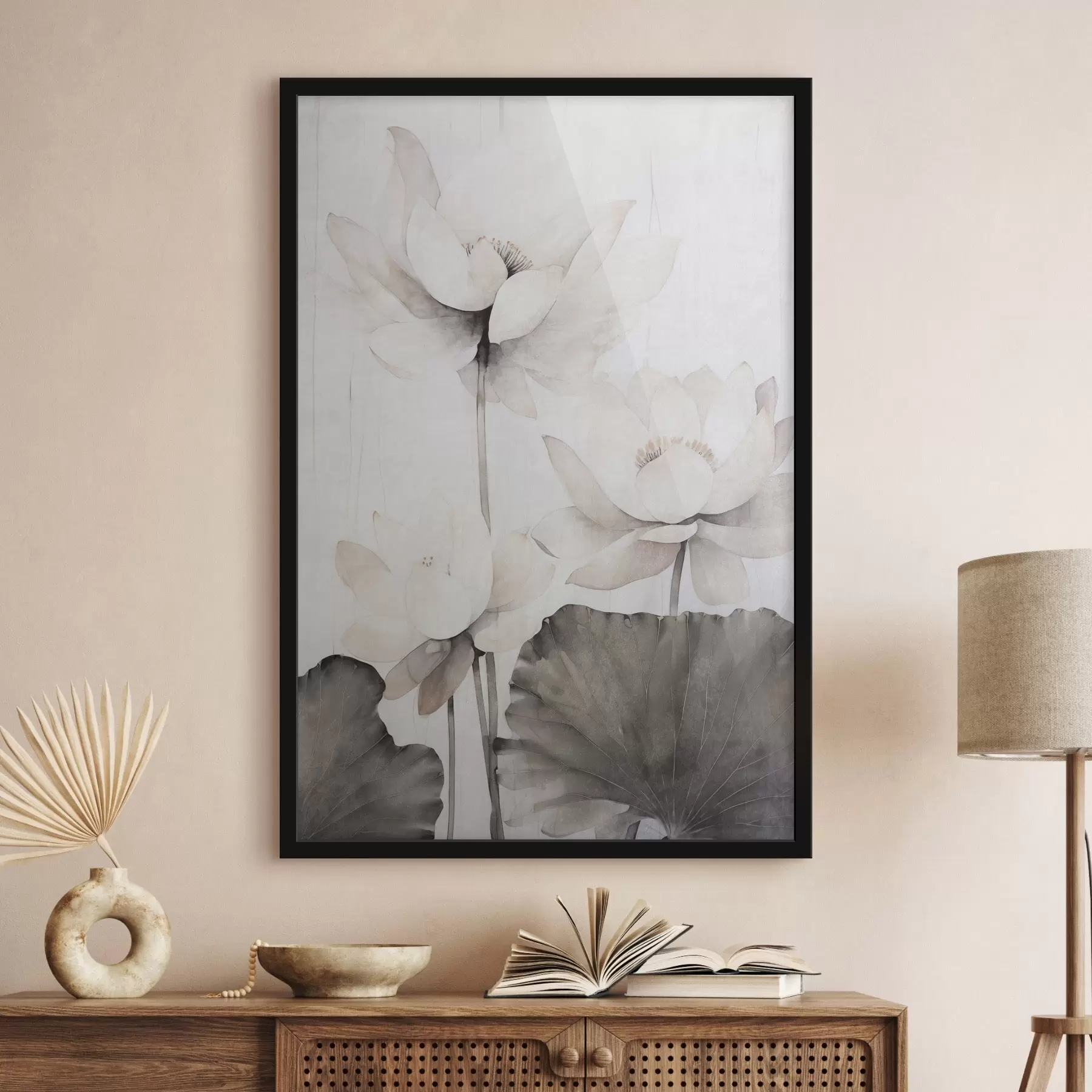 Fotobehang Witte lotusbloemen met textuur en donkere bladeren, lichte achtergrond, minimalistisch ontwerp f45936