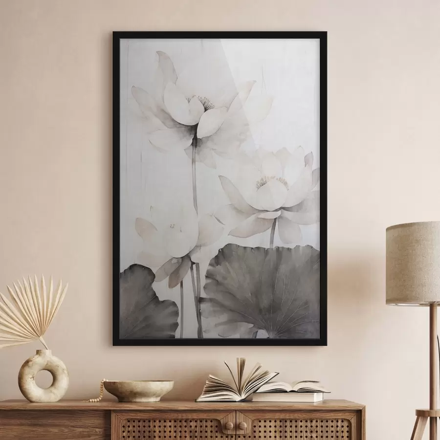 Fotobehang Witte lotusbloemen met textuur en donkere bladeren, lichte achtergrond, minimalistisch ontwerp f45936