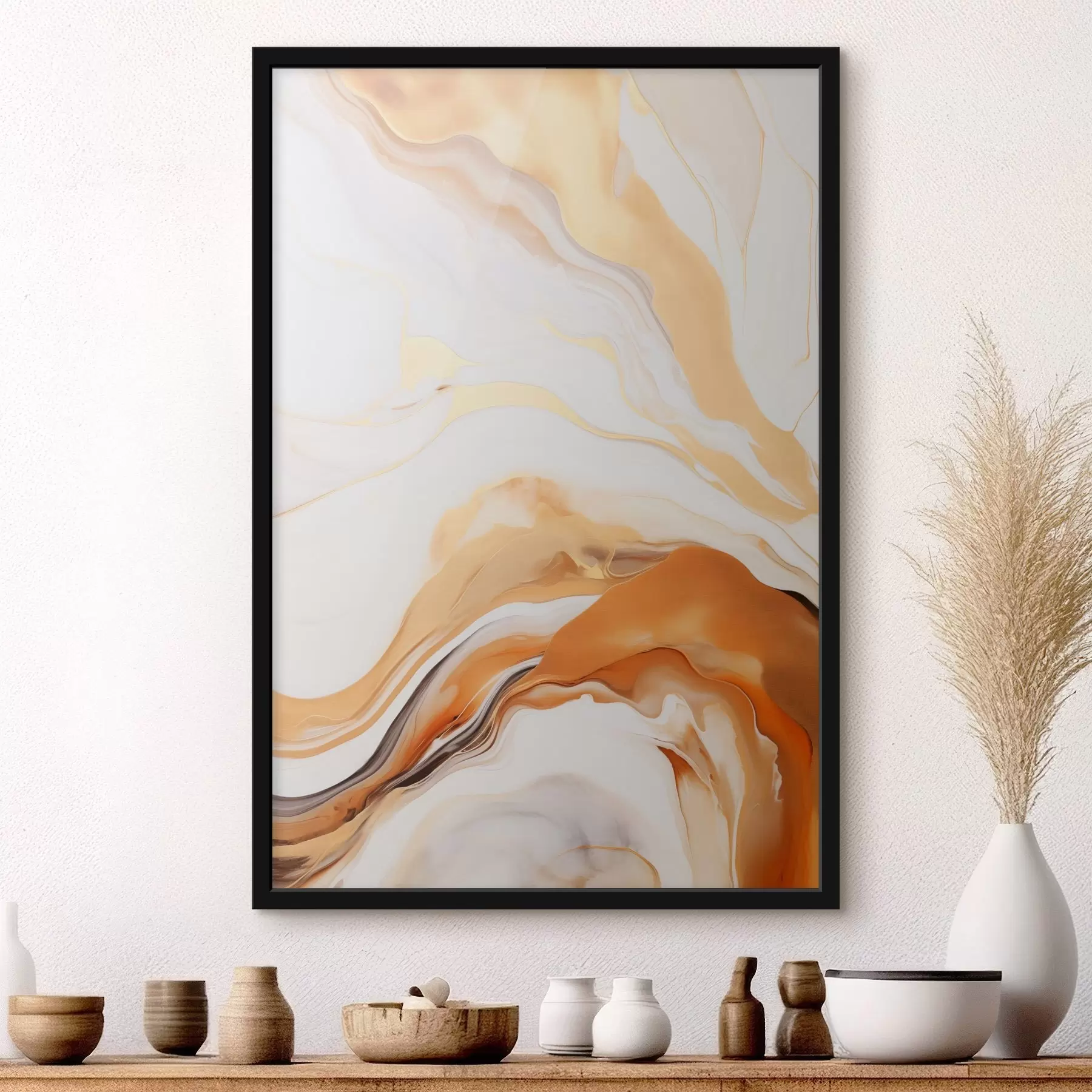 Fotobehang Abstracte schilderkunst imitatie met vloeiende vormen in tinten wit, oranje en bruin, minimalistisch f45938