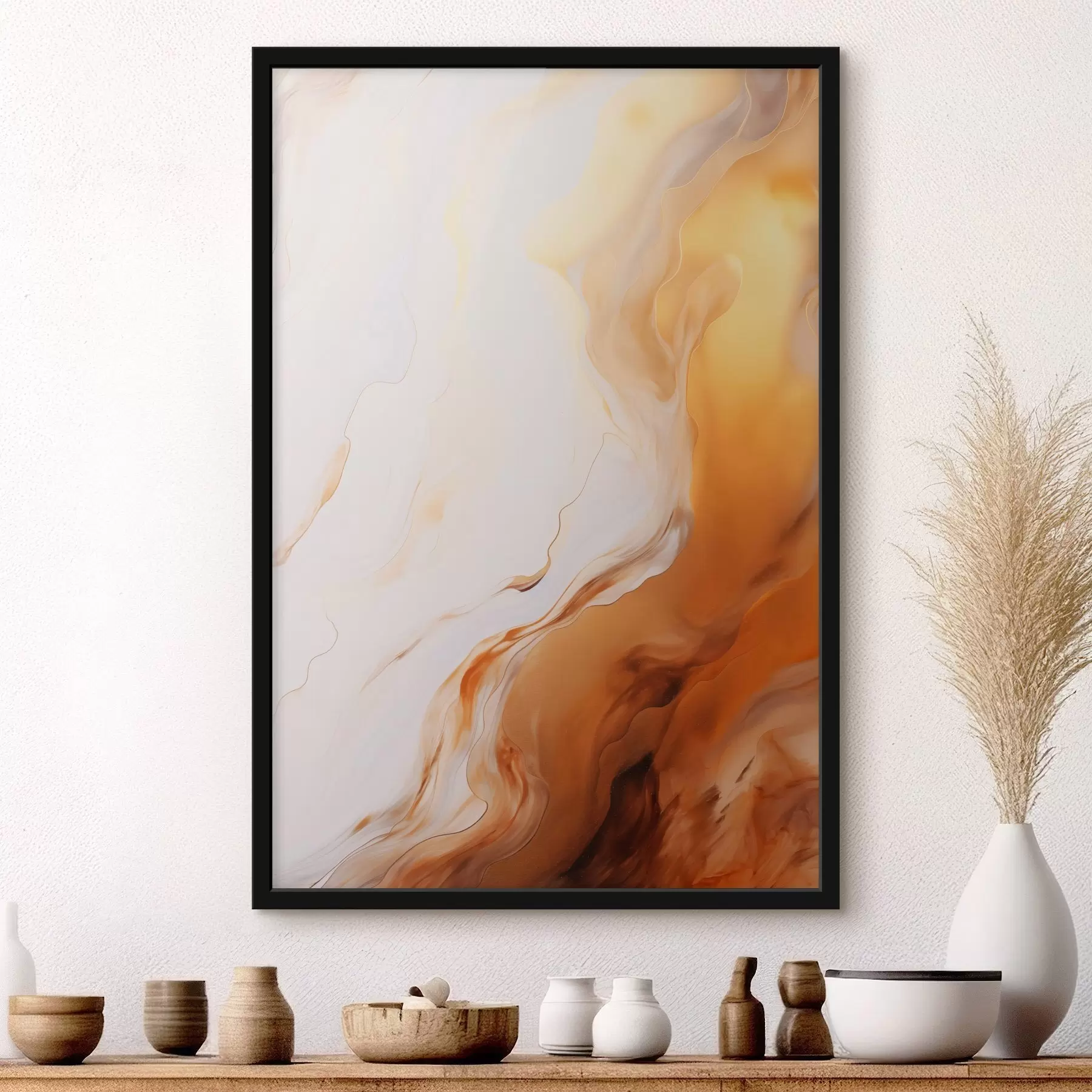 Fotobehang Abstracte schilderkunst imitatie met witte en oranje kleuren, vloeiende kunst met golvende lijnen, moderne kunst f45939