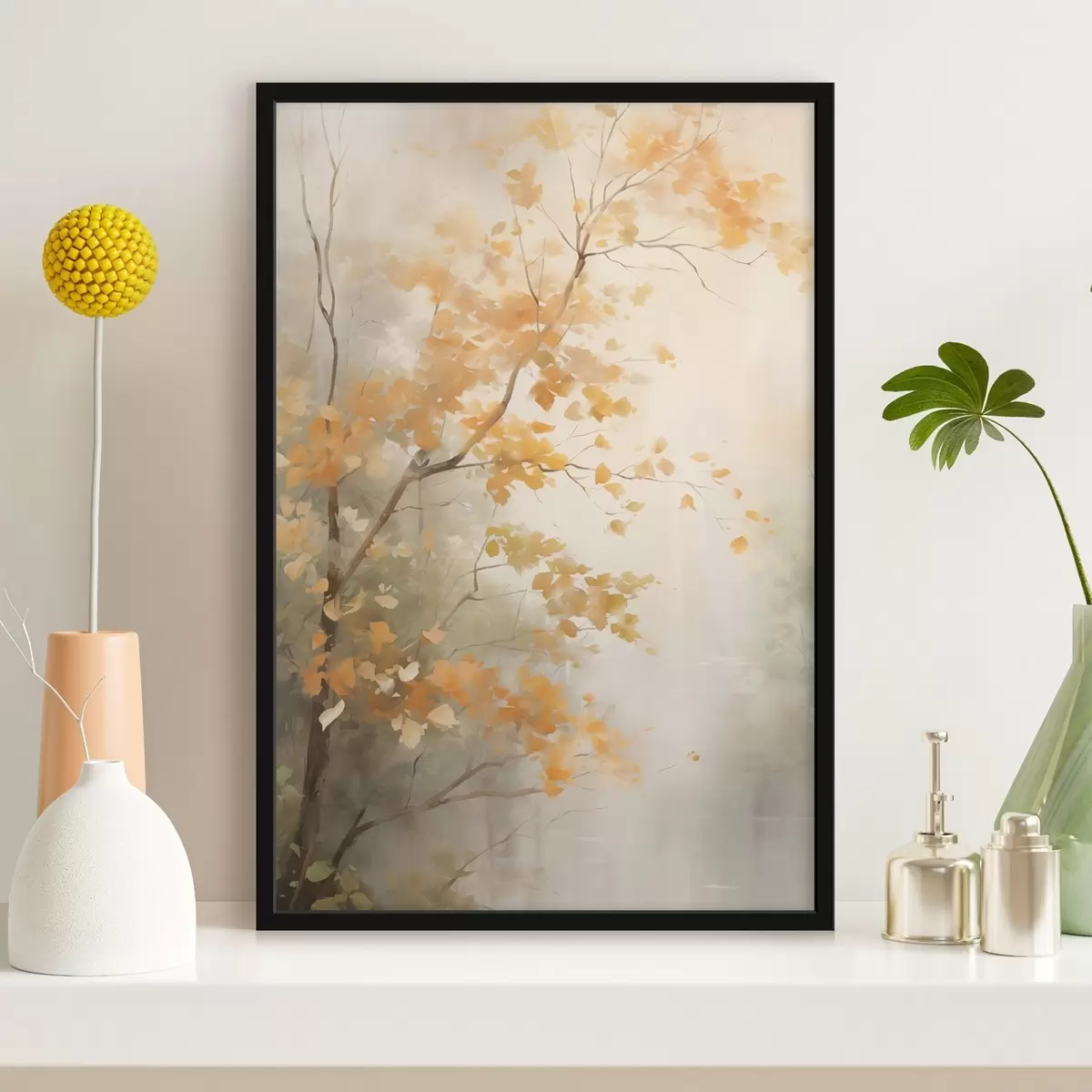 Poster Herfstboomtakken met oranje bladeren in een bos met zacht licht f45940