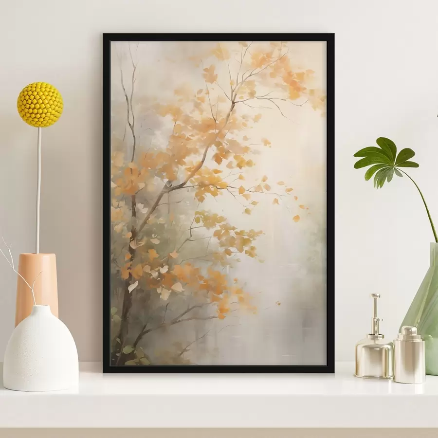 Papier peint photo Branches d'arbres automnales aux feuilles orange dans une forêt baignée d'une lumière douce f45940