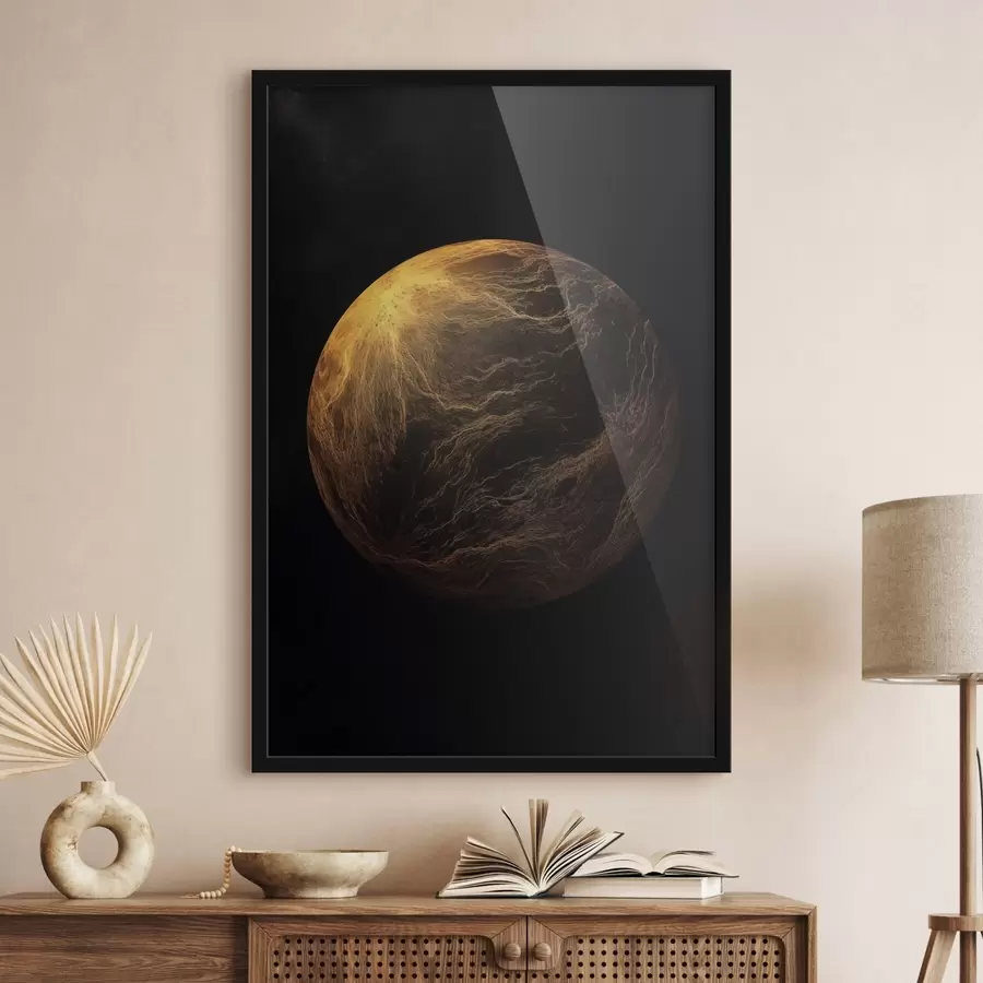 Fotobehang Abstracte planeet met oranje aderen tegen een zwarte ruimteachtergrond, moderne minimalistische kunst f45943