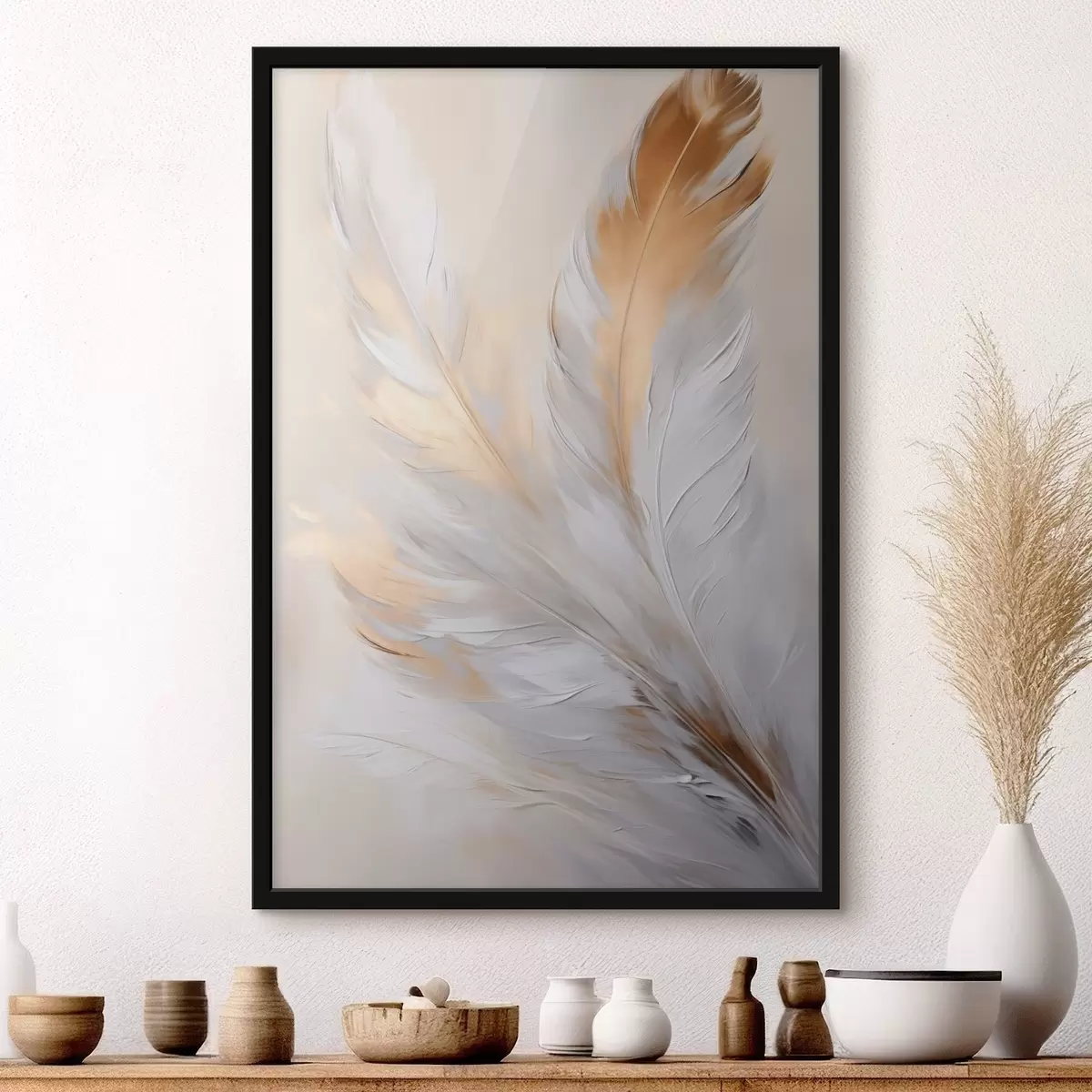 Poster Veren met oranje accenten, zachte verlichting, minimalistische compositie met textuur, moderne kunst f45944