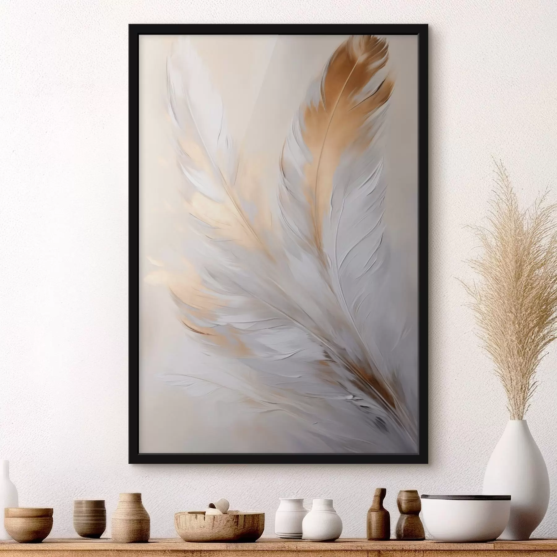 Fotobehang Veren met oranje accenten, zachte verlichting, minimalistische compositie met textuur, moderne kunst f45944