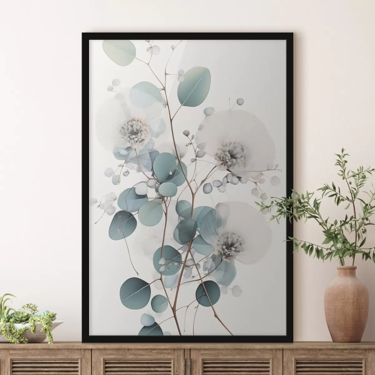Affiche Fleurs abstraites d'eucalyptus aux pétales blancs, feuilles vert pâle sur les branches f45946