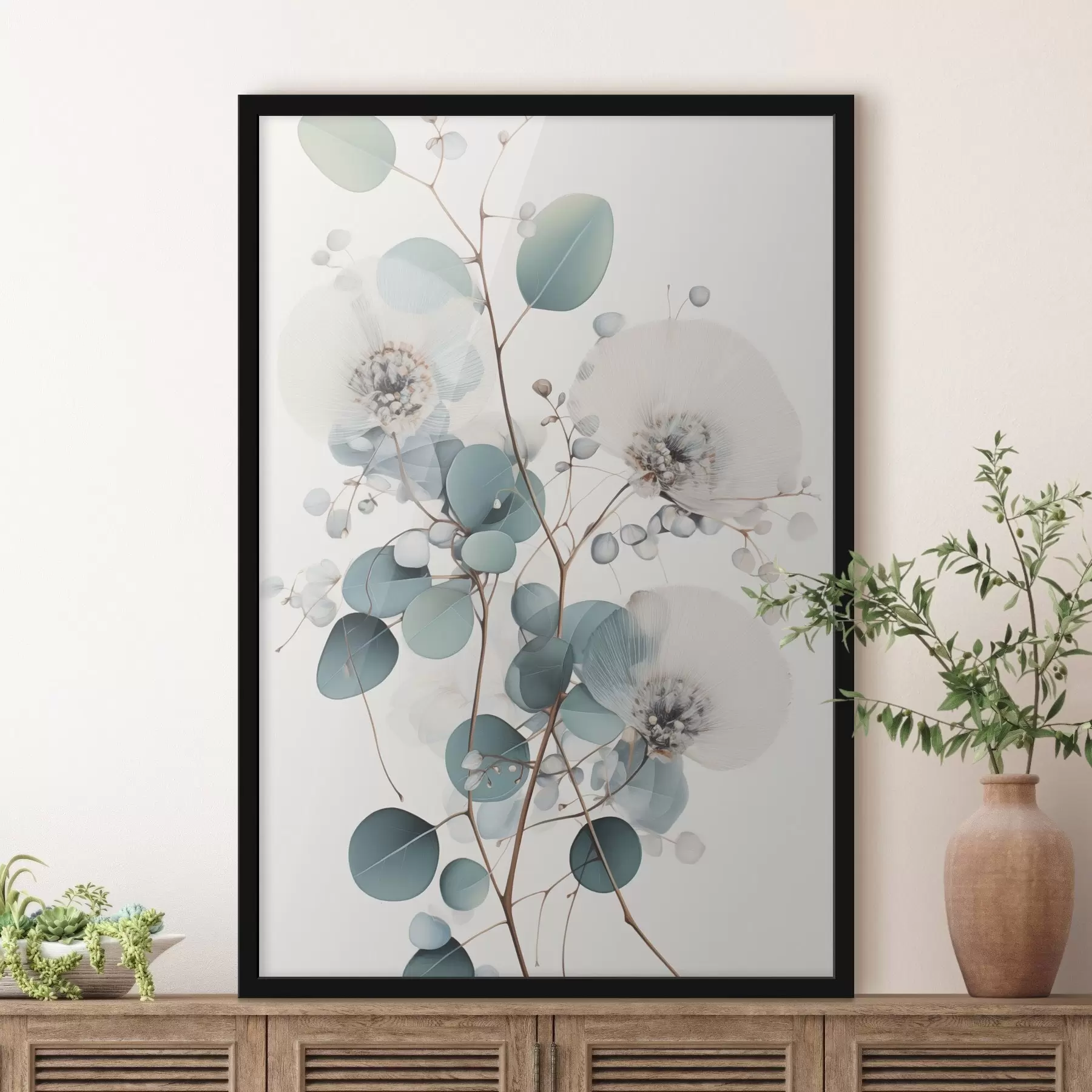 Papier peint photo Fleurs abstraites d'eucalyptus aux pétales blancs, feuilles vert pâle sur les branches f45946