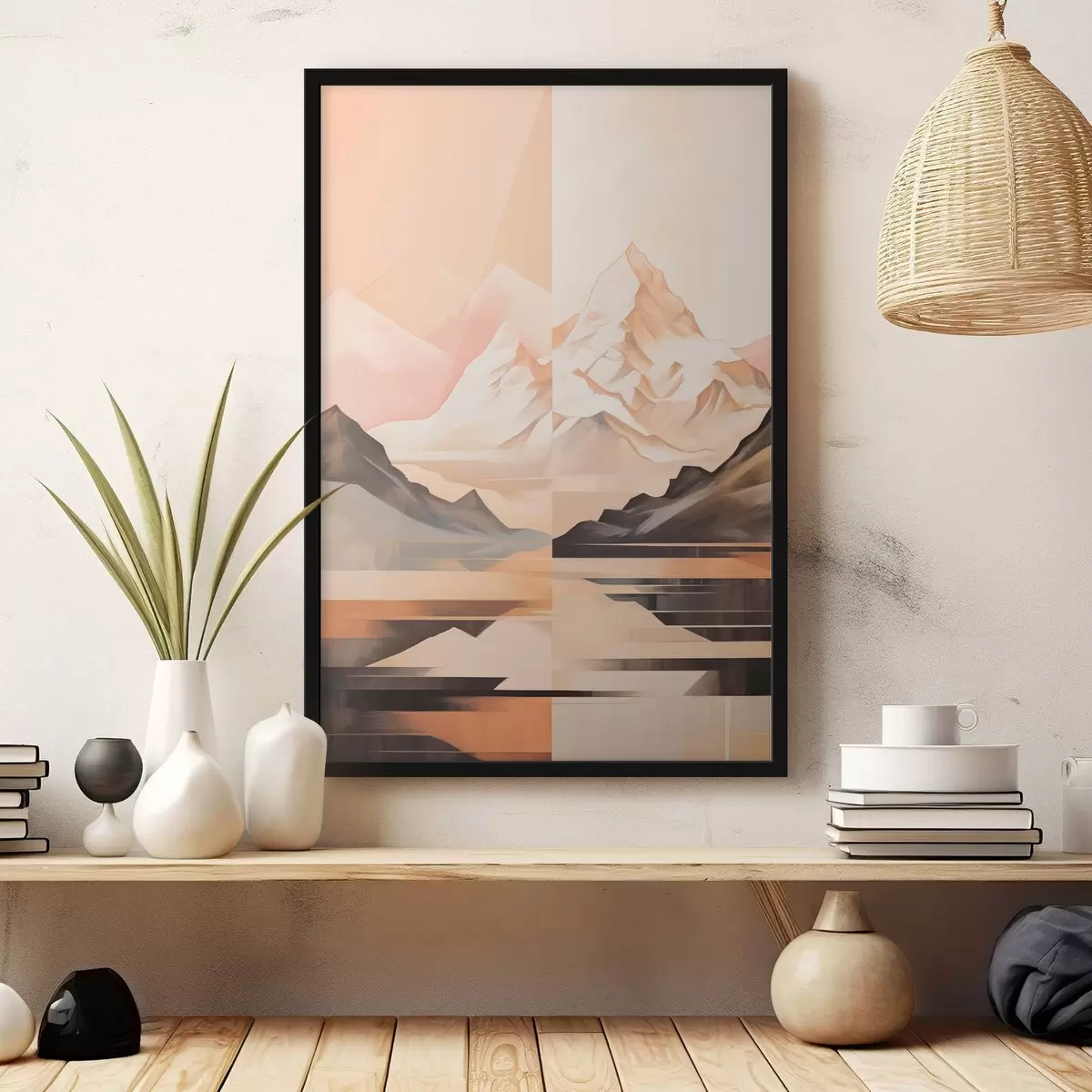 Poster Abstract landschap met bergen en een meer, pastelkleuren, minimalistische stijl f45948