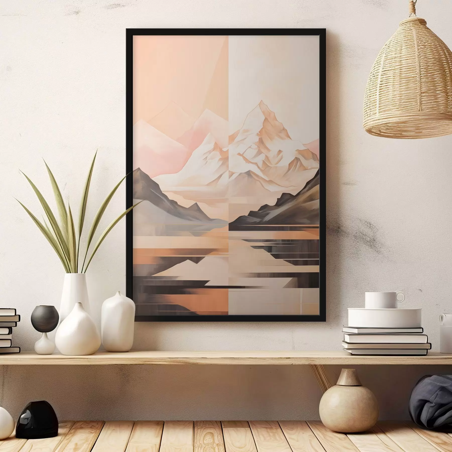 Fotobehang Abstract landschap met bergen en een meer, pastelkleuren, minimalistische stijl f45948