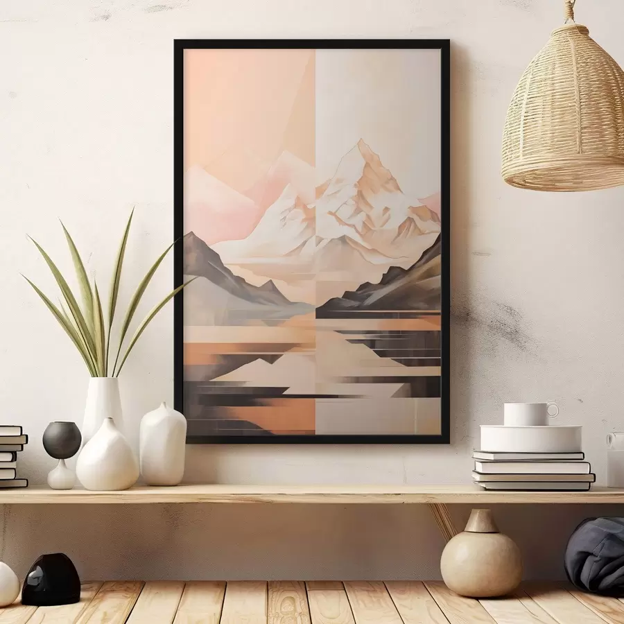 Fotobehang Abstract landschap met bergen en een meer, pastelkleuren, minimalistische stijl f45948